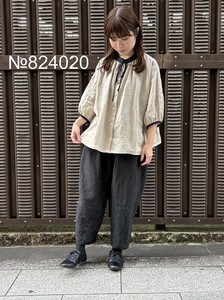 【2025　SS】日本製 リネンスタンド衿リボン付きバイカラーブラウスNo824020