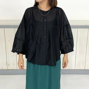 即納【2025新作】袖切替ブラウス　ノーカラー　半端袖　トップス　ワイド　サテン　夏　秋