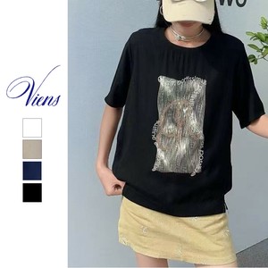 【新作】金箔＆ロゴデザインカットソー　レーヨンリネン　4色展開