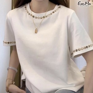 ストーン付Tシャツ コットン 半袖 ホワイト ラウンドネック 夏 きれいめ カジュアル   【2025SS】 ONA2114
