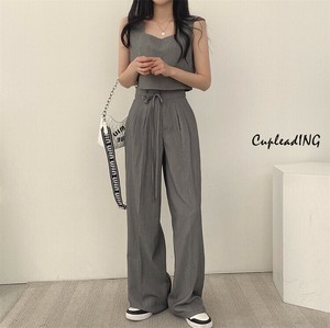 【定番商品】激安セール 夏季コーデセット 角形カラーノースリーブ 裾上げベスト+腰紐付きロングパンツ