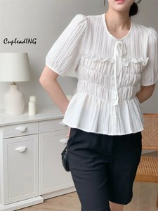 【定番商品】激安セール 爽やか夏季定番！リボン締め 立体皺 ふわふわ袖 コットン風シャツ