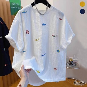カジュアル刺繍Tシャツ 薄手 ラウンドネック 夏 カジュアル   【2025SS】 ONA1115