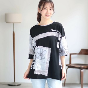 【再入荷しました】【日本製】花柄パネルプリント丸首ドルマン5分袖半袖カットソーTシャツ（B16020）