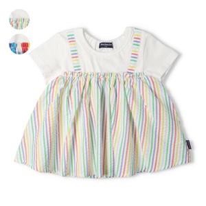 ストライプ・チェックチュニック風半袖Tシャツ  M44872   本体綿100％ 後衿ぐりゴム仕様 重ね着風 カラフル