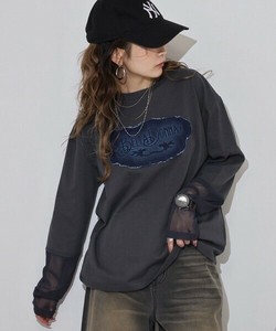チュール袖デニムパッチ長袖Tシャツ