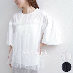 【2025SS新作入荷】袖バルーンチュールレイヤードデザインTシャツ　カットソー　 skypink東京