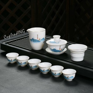 ≪予約商品≫激安セール カンフー茶器 蒔絵 蓋碗セット 山水画 ハスの花 茶器セット お茶を味わう