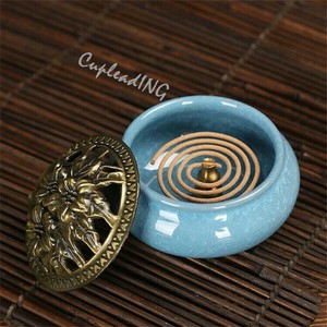 【定番商品】激安セール 香台 蓋 丸香炉 薫香盤 香檀 陶器 工芸品 線香用 青磁香炉 仏壇用香炉  銅蓋