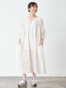 大判レース柄ワンピース　綿ローン　長袖 3色 M L ゆったり
