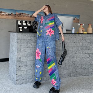 u28777トップス レディース パンツ ボトムス シャツ プリント 二点セット ギャル 2色 2025夏秋新作
