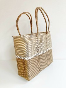 新作★手編みのメルカドバッグ・バイカラーlong（L）GLD X WHT