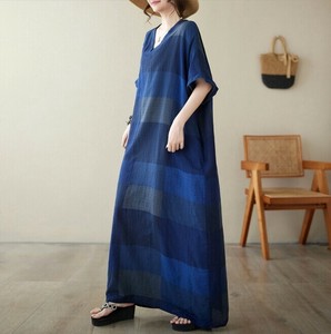 ワンピース 綿麻 Vネック 半袖 夏 チェック柄 ゆったり  快適 レディース ファッション  MBQ2797