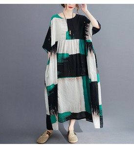ワンピース 綿麻 ラウンドネック 半袖 夏 ゆったり 花柄 快適 レディース ファッション MBQ2805