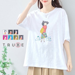 【M~L】【再入荷】スラブ綿刺繍ガールプリントTシャツ(C01-482) (1号店)FM1