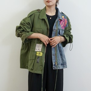 【2025新作　人気商品　予約】デニム切替ミリタリーブルゾン（カーキ）大きめ　ゆったり　ジャケット