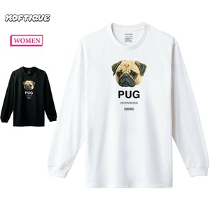 【予約】 長袖Tシャツ パグ 犬 ドッグ ペット アニマル プリント 袖リブ ロンT トップス レディース