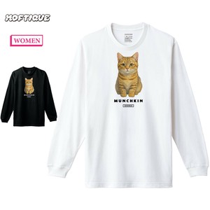 【予約】 長袖Tシャツ マンチカン 猫 キャット ペット アニマル プリント 袖リブ ロンT レディース