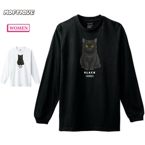 【予約】 長袖Tシャツ 黒猫 猫 キャット ペット アニマル プリント 袖リブ ロンT トップス レディース