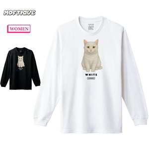 【予約】 長袖Tシャツ 白猫 猫 キャット ペット アニマル プリント 袖リブ ロンT トップス レディース