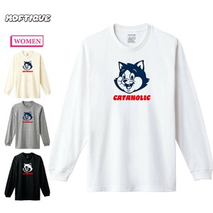 【予約】 長袖Tシャツ キャットイラスト アニマル プリント 袖リブ ロンT トップス レディース