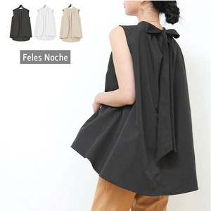 バックリボンブラウス ノースリーブ ボウタイリボン 前後差裾 スタンドカラー Aライン 夏 /全3色