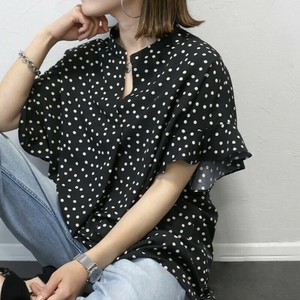 ドット ブラウス スキッパー 大きめ ドット柄 フリル袖 半袖 透け感 プルオーバー トップス 夏 /全3色