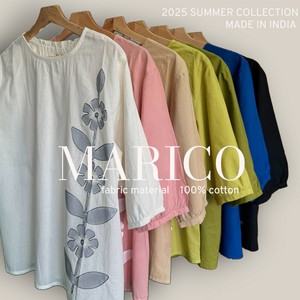 <2025夏物新作>インド製布帛七分袖プリント×刺しゅうTブラ　2025夏物人気　MARIKO