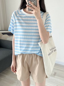Tシャツ  長袖 半袖   ラウンドネック  薄手 ストライプ   ゆったり  快適 レディースファッション  LX2634