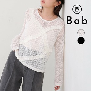 【2025秋冬新作】レースフリルシアーロングTシャツ◇柔らかで繊細な透かし編みニット