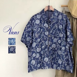 【新作】フラワー＆バタフライ柄デザイン　デニムシャツ　コットン　ショート丈　2色展開