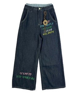 【2025秋冬新作】もじもじ刺繍デニム ワード刺繍ダブルウエストワイドデニムパンツ