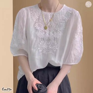刺繍シャツ 5分袖 薄手 ラウンドネック 半袖 エレガントカジュアル 春 夏 秋   【2025SS】 ONA3067