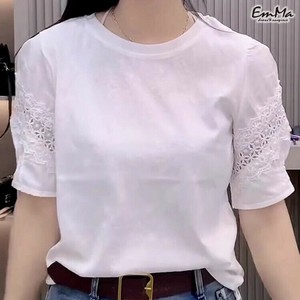 刺繍袖Tシャツ 半袖 ラウンドネック 上品 カジュアル 夏  【2025SS】 ONA2134