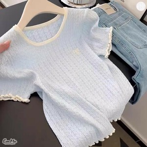 飾り編みTシャツ サマーTシャツ スリム リボンワンポイント 半袖 夏 【2025SS】 ONA1124