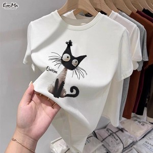 猫モチーフ半袖Tシャツ プリント スリム コットン 黒猫 ラウンドネック  【2025SS】 ONA1123
