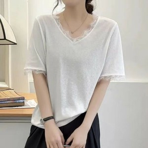 Tシャツ 半袖 Vネック 無地  レース ゆったり 快適 レディース ファッション   XB216