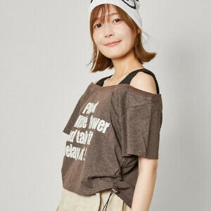 《フェイクレイヤード×オフショル風》レディース　半袖Tシャツ　リブタンクドッキング　春夏秋