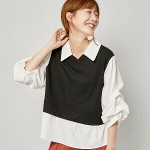 《フェイクレイヤード×タック袖》レディース　テレコドッキングトップス　長袖　春秋冬