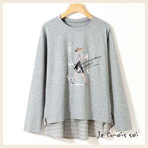 12365 　当社売れ筋　秋物　カットソー　異素材　布帛使い　女性プリント　Tシャツ　レディス