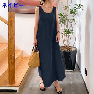 ワンピース  綿麻 ノースリーブ ラウンドネック 無地  ゆったり 快適  レディース ファッション MBQ2849