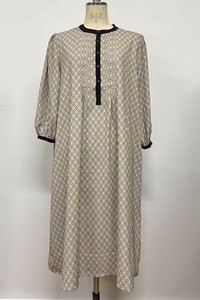 【25AW】総柄 マラケシュ プリント バイカラー  長袖 ピンタック ボタン ワンピース