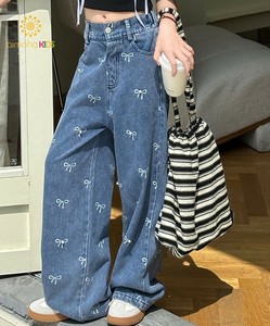 【-aimoha-KIDS-】リボンワイドデニムパンツ 子供 ズボン キッズ ボトムス 女の子