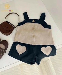 【-aimoha-KIDS-】キッズ ハートポケット配色セットアップ ショートパンツ ノースリーブ 女の子