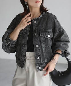 Jacket Denim Jacket Collarless Puff Sleeve