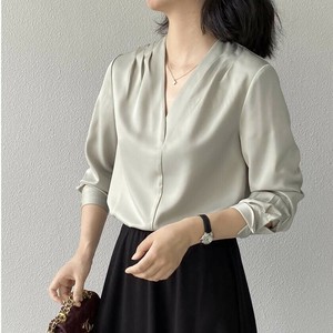 u28865トップス レディース Tシャツ シャツ Vカラー ブラウス 長袖 2色 通勤 2025夏秋新作