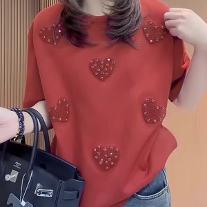 【現品50％オフ】ONA2021s-M ハートモチーフデザインTシャツ 半袖 ローズレッド カジュアル
