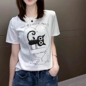 Tシャツ 半袖 ラウンドネック 夏 猫 可愛い 快適 レディース ファッション   MBQ2888