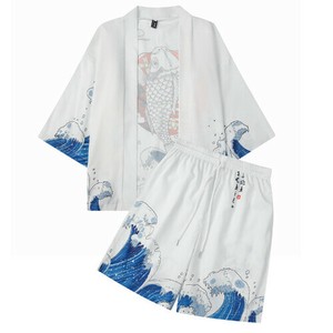 P22856 メンズ  魚プリント シャツ 七分袖 道袍 カップル 二点セット 2025夏新作 ショートパンツ 和風
