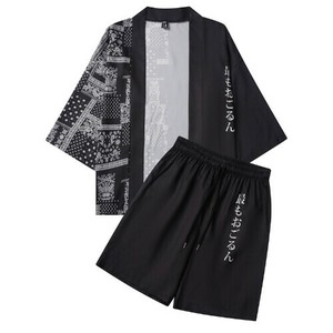 P22861 メンズ 腰果 プリント 七分袖 道袍 上下セット 2025夏新作 ゆったり シャツ ショートパンツ 日系